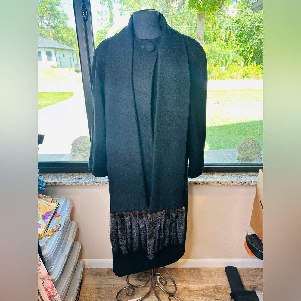 J Percy for Marvin Richards Vintage Lined Black Coat 100% Wool Faux Fur Accent